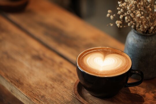 Latte art coffee with heart foam design in cozy café ambiance, rustic wooden surface and romantic warm light ideal for lifestyle, love, and breakfast