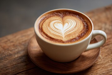 Fototapeta premium Cup of hot cappuccino with heart foam design in cozy café atmosphere, rustic wooden surface and warm morning mood perfect for hospitality visuals