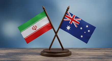 Iran and Australia flags crossed symbolizing diplomatic relations and international partnership