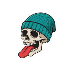 Hipster Skull with Beanie and Tongue Out Illustration Vector