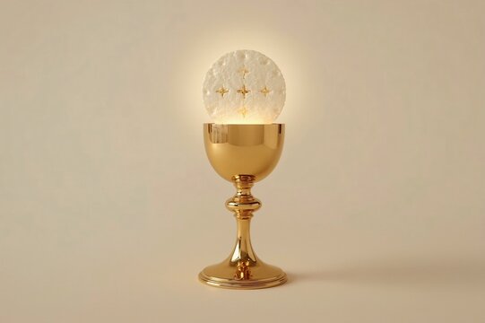 Glowing host in golden chalice, Eucharist, beige background, religious ceremony