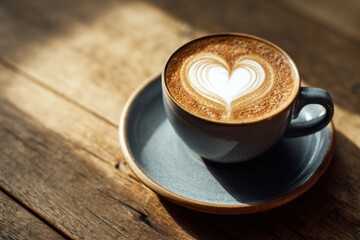 Heart-shaped latte art on a cup of cappuccino placed on wooden table in warm café interior, symbol of love, comfort, and relaxation in a cozy coffee shop setting