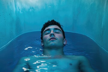 A young man floats serenely in a teal-lit bath, eyes closed, experiencing tranquility.