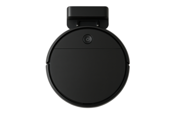 Black robotic vacuum cleaner on charger isolated PNG with Transparent Background