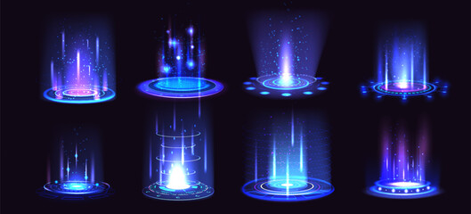 Fototapeta na wymiar Magic light. Hologram portal. Game effect or HUD Sci Fi futuristic space. Future teleport screen. Glow circle podium. 3D fantasy beam. Cyberpunk teleportation tunnel. Vector elements set