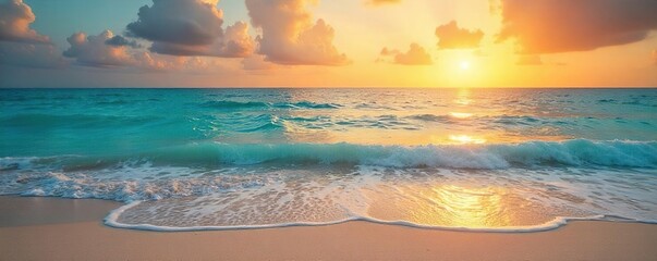 Relaxing beach scene at sunset, turquoise water, soft sand, gentle waves lapping the shore Perfect for travel, vacation, and summer themes , warm, cabana, sunset