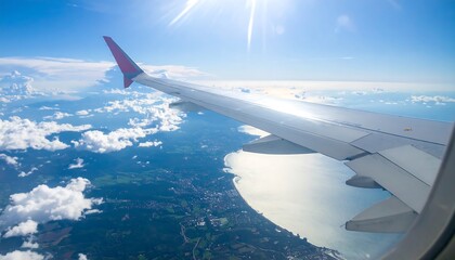 High-altitude view of a landscape stretching out beneath a plane's wing, showcasing a vast expanse of clouds, land, and water.
