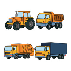 Tractor Transportation Flat Cartoon Set