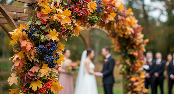  Bride and groom exchanging vows under autumn floral arch at wedding