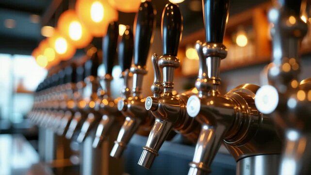Row of polished beer taps gleaming under warm lights, showcasing the vibrant atmosphere of a lively Oktoberfest celebration with flowing beverages and joyful patrons