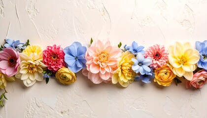 A vibrant arrangement of colorful flowers arranged in a horizontal row against a textured, light beige background.