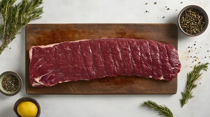 Raw Beef Steak on Wooden Cutting Board with Herbs and Spices