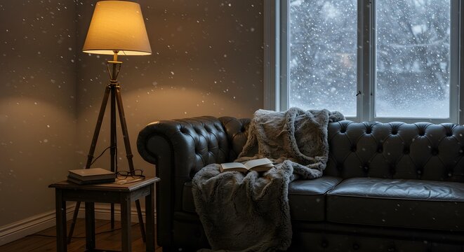 Cozy winter living room scene with falling snow, a warm lamp, and a comfortable leather sofa by a window.