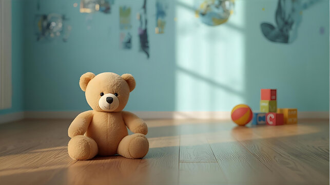 Teddy Bear with Colorful Toys on Floor