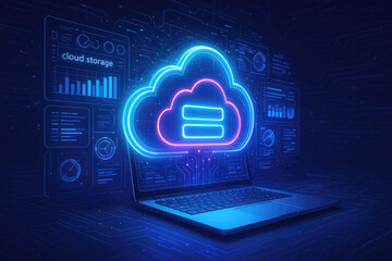 Neon Cloud Storage Icon on Laptop Screen with Data Visualizations and Circuitry Background computer technology