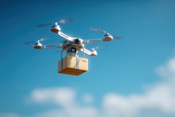 Parcel delivery drone flying across futuristic logistics background, modern aerial transport sys
