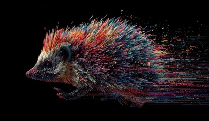 A vibrant, multicolored hedgehog in motion, depicted in a pixelated, dynamic style against a black background