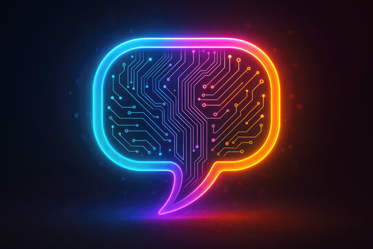 Neon speech bubble with circuit board pattern and glowing lights technology communication