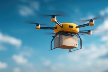 Flying delivery drone carrying small parcel, futuristic aerial transport concept with blue sky background, modern logistics and shipping technology innovation for express cargo services