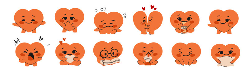 Cute heart. Friendship stickers, love icons, healthy happy or sad community. Holiday card for baby, couple celebration. Kawaii smile character. Cartoon flat style isolated vector concept