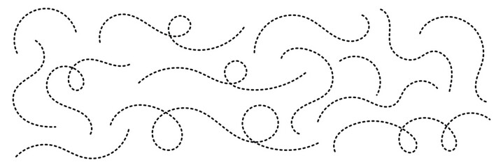 Abstract Curved Dotted Swirl Line. Hand drawn curve dotted line vector set. Long squiggle dashed collection. Dotted Spiral Curve Line. 