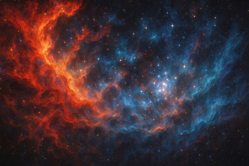 Vibrant red and blue nebula with glowing stars in deep space galaxy cosmos