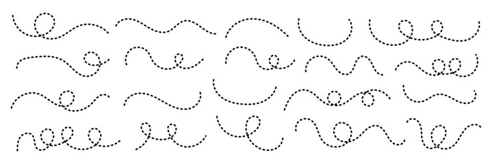Abstract Curved Dotted Swirl Line. Hand drawn curve dotted line vector set. Long squiggle dashed collection. Dotted Spiral Curve Line.  © Creativus Illustria