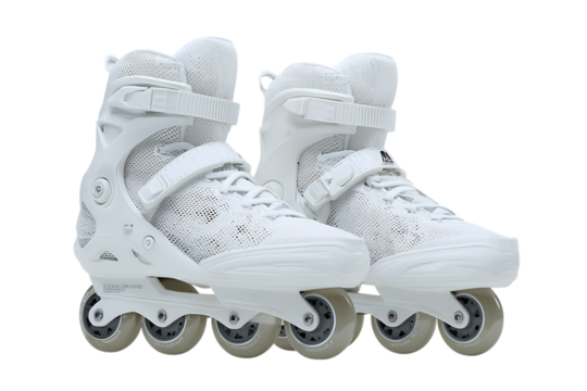 Pair of white rollerblades isolated on black background.
