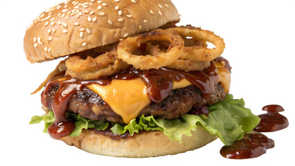BBQ cheeseburger with smoky barbecue sauce, beef patty, cheddar cheese, onion rings, lettuce, sesame bun, white background