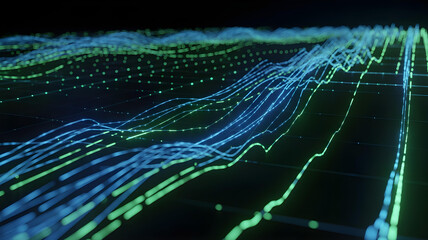 A dark, abstract background with glowing blue and green data streams flowing like a digital river.
