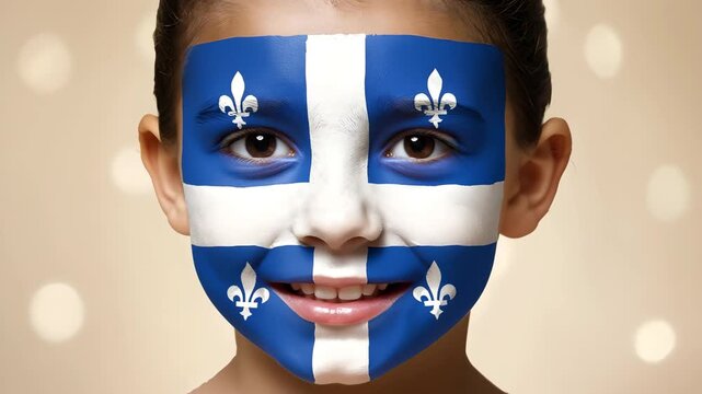 Smiling child with face painted Quebec flag and fleur de lis symbols, close up patriotic video celebrating French Canadian culture identity and heritage with joyful expressions and eye contact