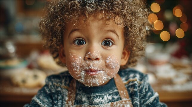 Delightful child covered in flour, joyfully surprised while baking during the festive season, surrounded by delicious treats that create a magical winter atmosphere.