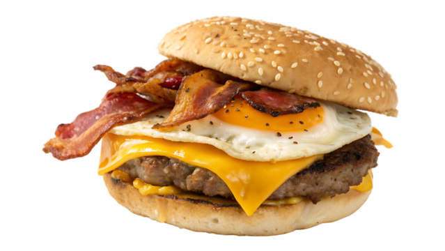 Breakfast burger with fried egg, bacon, beef patty, cheddar cheese, sesame bun, white background