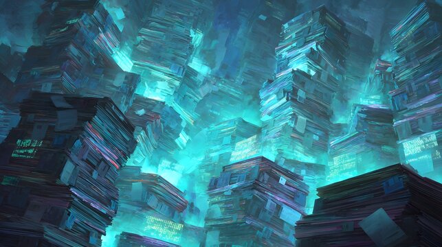 Intricate Futuristic Illustration of Overflowing Digital Database Representing the Challenge of Insufficient Information Storage Capacity in a Cutting-Edge Technological Landscape