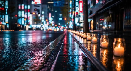 Obraz premium Rainy night cityscape with candles glowing, perfect for memorial event backdrop, urban zen concept, or a Tokyo travel blog. Evokes reflection, peace, and urban life.