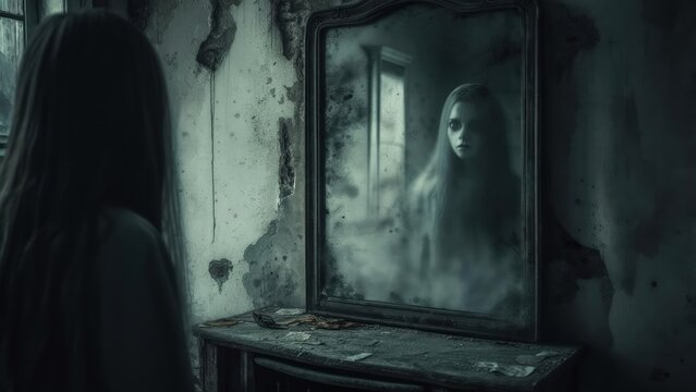 Ghostly Doppelganger Stares from a Haunted Mirror in a Derelict Room