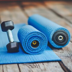 Blue Yoga Mat and Dumbbell Fitness Workout Exercise Equipment