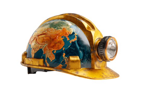 Mining hard hat with world map design. Global mining, resources, and sustainability concept.