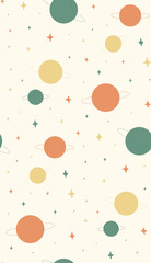 Colorful planets and stars seamless pattern. Creative and minimalist design for children, cards, any use with an astronomy theme background. Simple representation of saturn. Vector pattern background