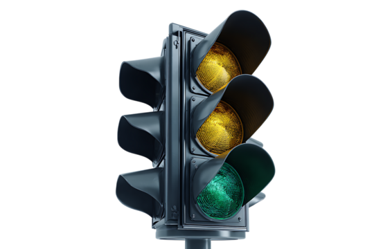 Traffic light showing yellow and green lights.