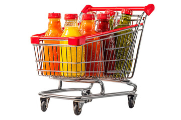 Shopping cart filled with colorful sauce bottles.
