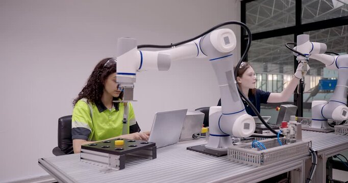 two female technicians working with multiple robotic arms during synchronized automation exercise for smart manufacturing process while validating tool accuracy and assembly response in industry40 lab