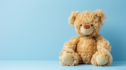 Obraz premium A Cute Fluffy Teddy Bear Sits on a Light Blue Background