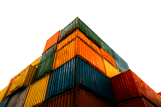 A vibrant stack of cargo containers against a black background.