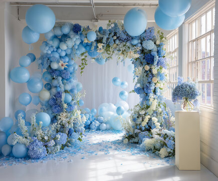 Arco floral con globos azules y blancos, p&eacute;talos en el suelo y jarr&oacute;n decorativo, ideal para bodas, sesiones fotogr&aacute;ficas y eventos con est&eacute;tica rom&aacute;ntica, elegante y ambientaci&oacute;n natural.