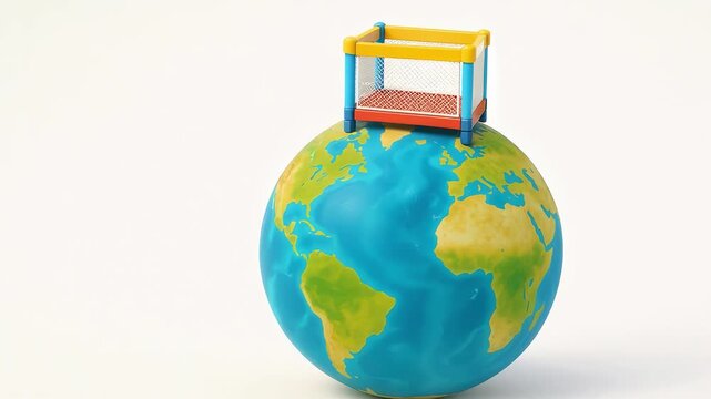3D baby playpen on tiny planet isolated on white background