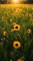 Fototapeta premium A field of vibrant yellow sunflowers and green grass bathed in the warm glow of the setting sun, creating a serene and natural landscape.