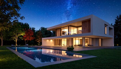 Modern house by a pool at night