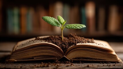 Educational Progress: Seedling emerging from open textbook pages with library backdrop
