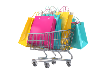 Full shopping cart with colorful shopping bags. Retail therapy, consumerism, shopping spree concept.